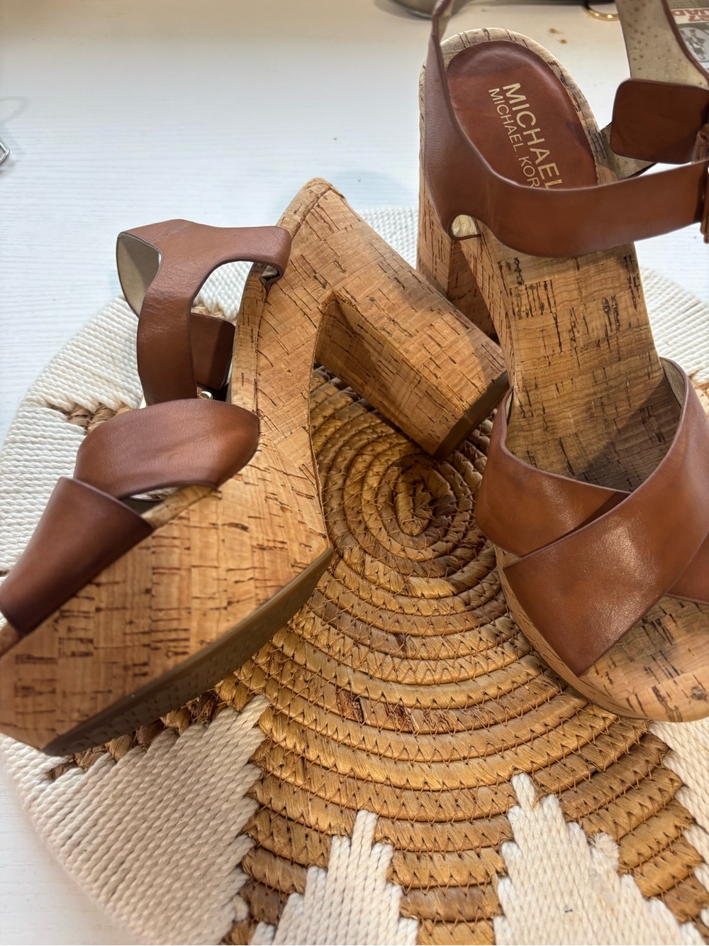 Michael Kors Brown Leather Cork Platform Sandals